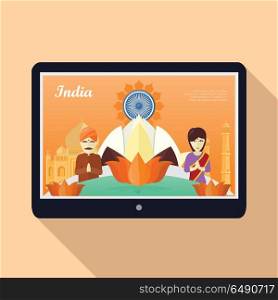India flat vector concept. Vacation in Asia. Lotus ornament, indian architecture and peoples on tablet screen illustrations. Web page template for travel company, presentation of tourist countries. India Template Vector Concept in Flat Design. India Template Vector Concept in Flat Design