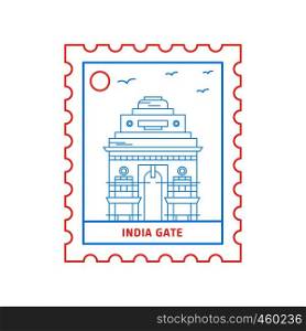 INDIA GATE postage stamp Blue and red Line Style, vector illustration