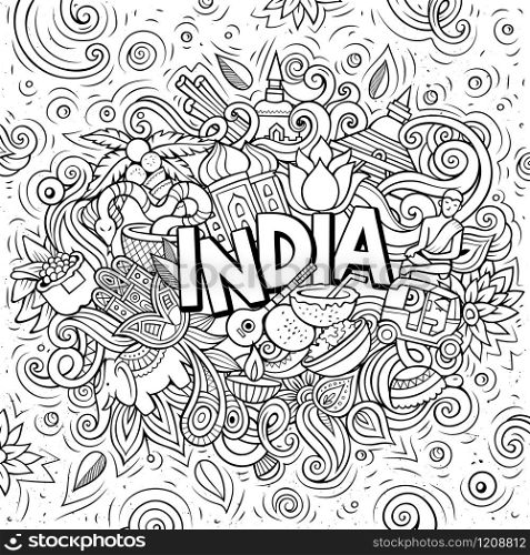India hand drawn cartoon doodles illustration. Funny travel design. Creative art vector background. Handwritten text with elements and objects. Line art composition. India hand drawn cartoon doodles illustration. Funny design.