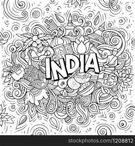 India hand drawn cartoon doodles illustration. Funny travel design. Creative art vector background. Handwritten text with elements and objects. Line art composition. India hand drawn cartoon doodles illustration. Funny design.