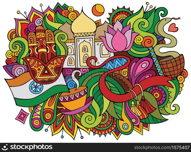 India hand drawn cartoon doodles illustration. Funny travel design. Creative art vector background. Indian symbols, elements and objects. Colorful composition. India hand drawn cartoon doodles illustration. Funny travel design