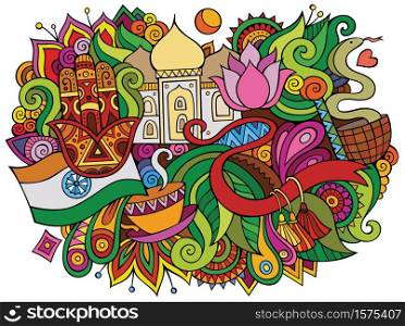 India hand drawn cartoon doodles illustration. Funny travel design. Creative art vector background. Indian symbols, elements and objects. Colorful composition. India hand drawn cartoon doodles illustration. Funny travel design