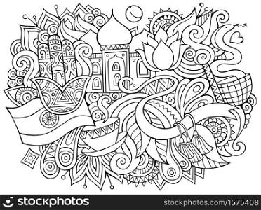 India hand drawn cartoon doodles illustration. Funny travel design. Creative art vector background. Indian symbols, elements and objects. Sketchy composition. India hand drawn cartoon doodles illustration. Funny travel design