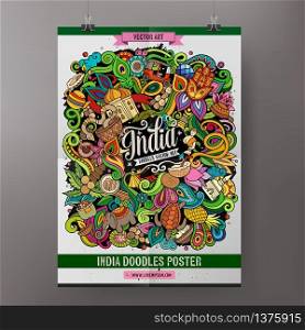 India hand drawn doodles illustration. Indian objects and elements cartoon doodle background. Vector color poster design template. India hand drawn doodles illustration. Indian cartoon doodle background
