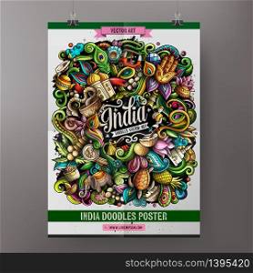 India hand drawn doodles illustration. Indian objects and elements cartoon doodle background. Vector color poster design template. India hand drawn doodles illustration. Indian objects and elements poster