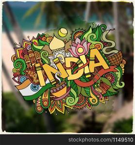 India hand lettering and doodles elements and symbols emblem. Vector blurred background. India hand lettering and doodles elements background