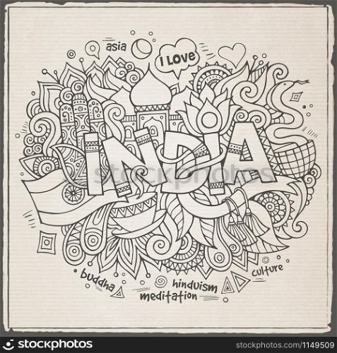 India hand lettering and doodles elements background. Vector illustration