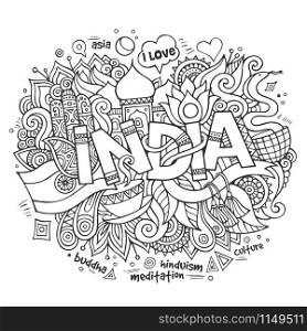 India hand lettering and doodles elements background. Vector illustration. India hand lettering and doodles elements background