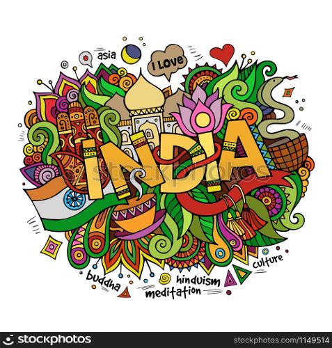 India hand lettering and doodles elements background. Vector illustration. India hand lettering and doodles elements background