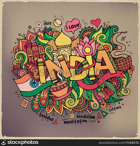 India hand lettering and doodles elements background. Vector illustration