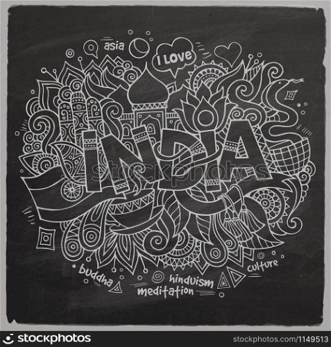 India hand lettering and doodles elements chalk board background. Vector illustration