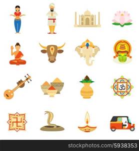 India icons flat set with cow taj mahal building tea and spices isolated vector illustration. India Icons Flat Set