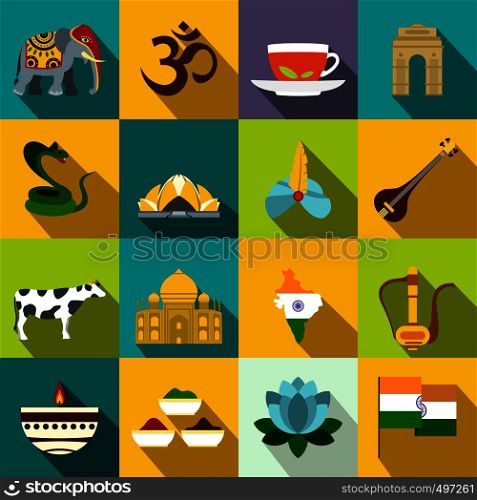 India icons in flat style for web and mobile devices. India icons flat