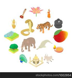 India icons set in isometric 3d style. India elements set collection vector illustration. India icons set, isometric 3d style