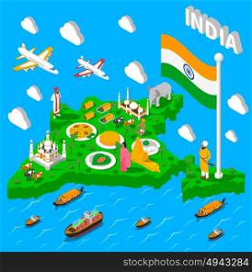 India Map Touristic Isometric Poster. Indian map for tourists with transportation means landmarks cultural symbols and national food isometric poster vector illustration