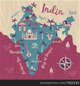 India map, vector flat illustration, Elephant, cow sitar palm tree.. India map, vector flat illustration, Elephant, cow, sitar, palm tree, city.