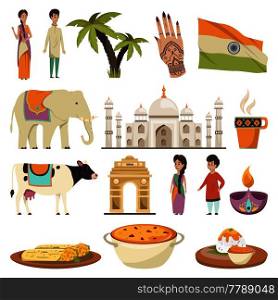 India orthogonal isolated icons set with dishes of national cuisine ethnic symbols historic landmarks flat vector illustration. India Orthogonal Isolated Icons Set