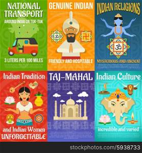 India poster mini set with national transport religions and culture isolated vector illustration. India Poster Set