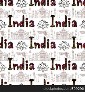 India seamless pattern with Taj Mahal and culture elements. Vector travel background. Handwriting India lettering. India seamless pattern with Taj Mahal and culture elements. Vector travel background. Handwriting lettering