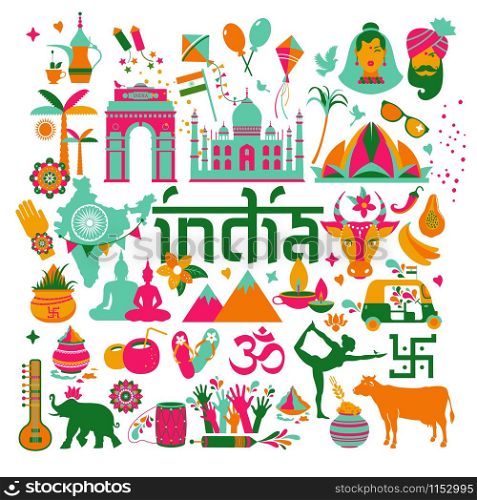 India set Asia country vector Indian architecture Asian traditions buddhism travel isolated icons.. India set Asia country vector Indian architecture Asian traditions buddhism travel isolated icons and symbols.