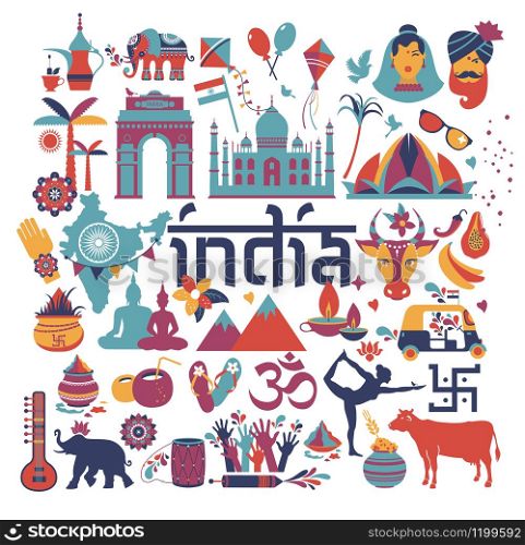 India set Asia country vector Indian architecture Asian traditions buddhism travel isolated icons.. India set Asia country vector Indian architecture Asian traditions buddhism travel isolated icons and symbols.