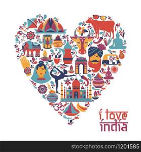 India set Asia country vector Indian architecture Asian traditions buddhism travel isolated icons.. India set Asia country vector Indian architecture Asian traditions buddhism travel isolated icons and symbols in heart.