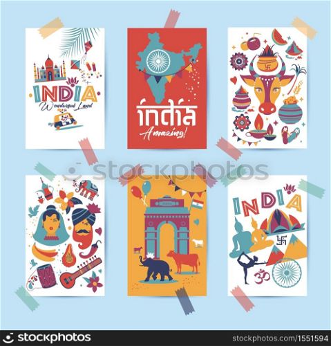 India set Asia country vector Indian architecture Asian traditions buddhism travel isolated icons.. India set Asia country vector Indian architecture Asian traditions buddhism travel isolated icons and symbols in 6 cards.