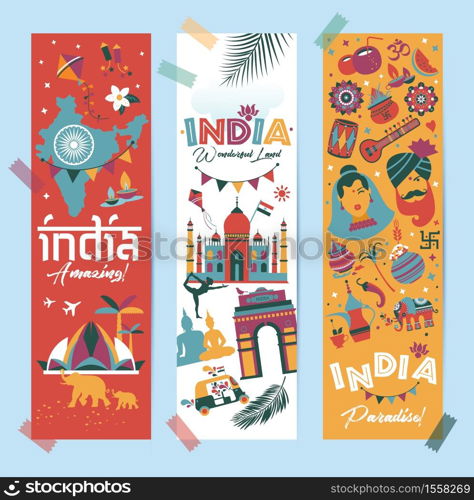 India set Asia country vector Indian architecture Asian traditions buddhism travel isolated icons.. India set Asia country vector Indian architecture Asian traditions buddhism travel isolated icons and symbols in 3 vertical banners.