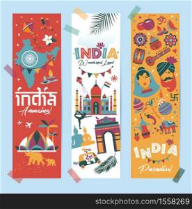 India set Asia country vector Indian architecture Asian traditions buddhism travel isolated icons.. India set Asia country vector Indian architecture Asian traditions buddhism travel isolated icons and symbols in 3 vertical banners.