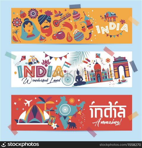 India set Asia country vector Indian architecture Asian traditions buddhism travel isolated icons.. India set Asia country vector Indian architecture Asian traditions buddhism travel isolated icons and symbols in 3 banners.