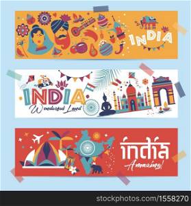 India set Asia country vector Indian architecture Asian traditions buddhism travel isolated icons.. India set Asia country vector Indian architecture Asian traditions buddhism travel isolated icons and symbols in 3 banners.