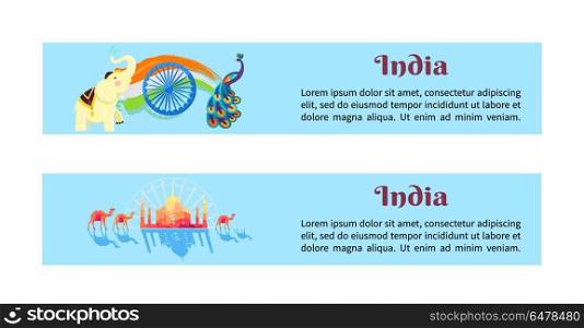 India Set of Posters with Symbols of Country. India set of posters with inscription depicting symbols of country. Vector illustration of white elephant, national flag, peacock bird, Taj Mahal and camels