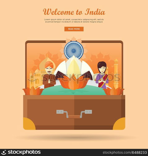 India Travel Banner. Indian Landmarks in Suitcase. Welcome to India. Travelling banner. Landscape with traditional Indian landmarks on the photo in the suitcase. Going to vacation. Part of series of travelling around the world. Vector illustration