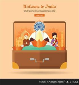 India Travel Banner. Indian Landmarks in Suitcase. Welcome to India. Travelling banner. Landscape with traditional Indian landmarks on the photo in the suitcase. Going to vacation. Part of series of travelling around the world. Vector illustration