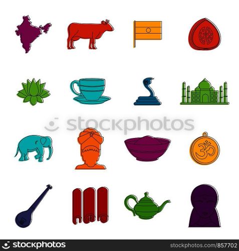 India travel icons set. Doodle illustration of vector icons isolated on white background for any web design. India travel icons doodle set