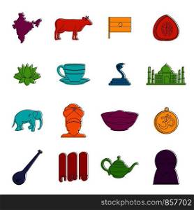 India travel icons set. Doodle illustration of vector icons isolated on white background for any web design. India travel icons doodle set