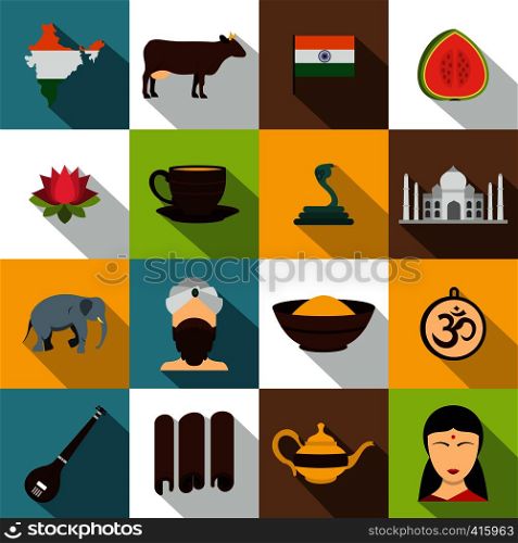 India travel icons set. Flat illustration of 16 India travel vector icons for web. India travel icons set, flat style
