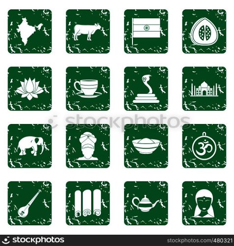 India travel icons set in grunge style green isolated vector illustration. India travel icons set grunge