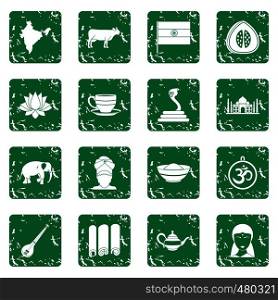 India travel icons set in grunge style green isolated vector illustration. India travel icons set grunge