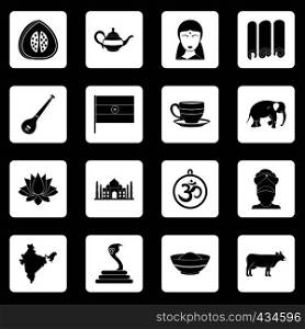 India travel icons set in white squares on black background simple style vector illustration. India travel icons set squares vector