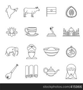 India travel icons set. Outline illustration of 16 India travel vector icons for web. India travel icons set, outline style