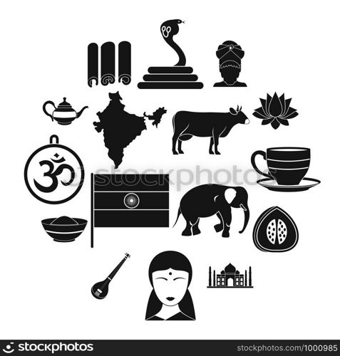 India travel icons set. Simple illustration of 16 India travel vector icons for web. India travel icons set, simple style