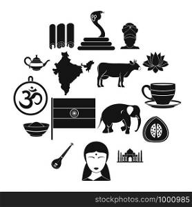 India travel icons set. Simple illustration of 16 India travel vector icons for web. India travel icons set, simple style