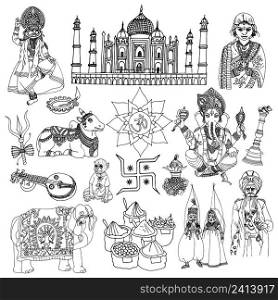 India travel traditional culture decorative sketch icons set with elephant lotus buddha isolated vector illustration