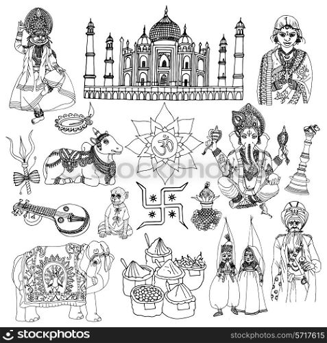 India travel traditional culture decorative sketch icons set with elephant lotus buddha isolated vector illustration
