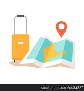 India travelling conceptual illustration. Summer vacation in exotic countries icon. Tourist journey vector. Navigation in foreign country concept. Suitcase, map, checpoint in flat style design.