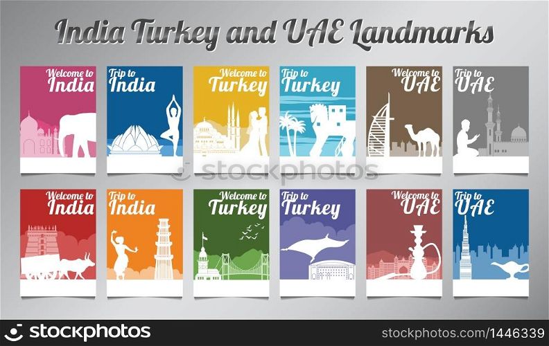 India Turkey and UAE famous landmark and symbol in silhouette design with multi color style brochure set,vector illustration