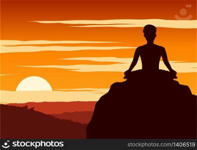 India Yogi perform yoga, a kind of relax , around with nature on sunset time,silhouette design,vector illustration