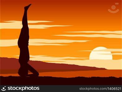 India Yogi perform yoga, a kind of relax , around with nature on sunset time,silhouette design,vector illustration