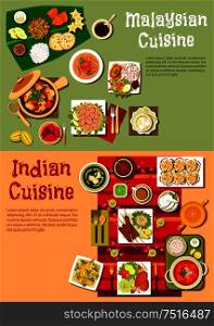Indian and malaysian national cuisine with rice and curry, kebab and fresh vegetables, meat stew, noodles with prawns and tofu, spicy tandoori chicken and exotic fruits, desserts and beverages. National indian and malaysian cuisine